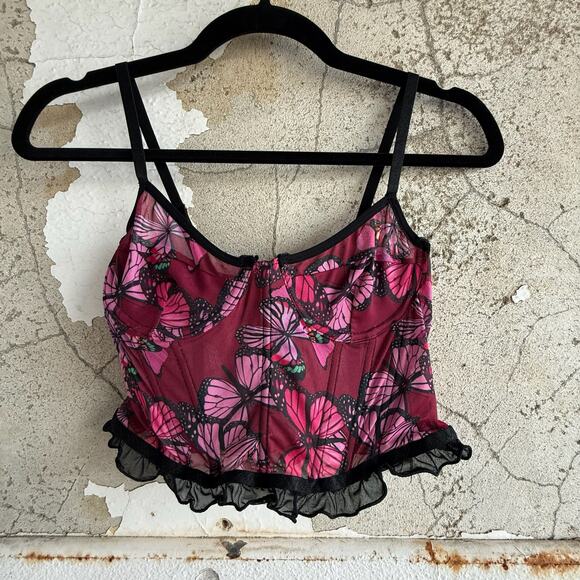 Corset Bustier Tank Top Mesh Magenta Pink Butterfly Print Black Ruffle Hem Sz 8 - Picture 1 of 7
